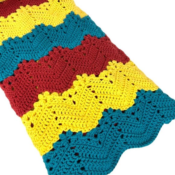 Crochet Knitted Afghan Throw Blanket Zig Zag Chevron Pattern Red Yellow Teal - Picture 2 of 4